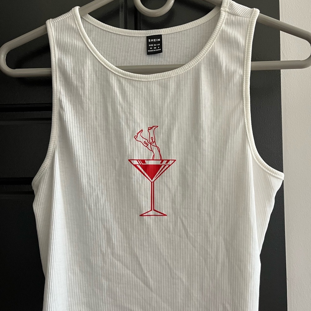 SHEIN White Tank with Red Cocktail Design